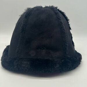 Y2K Roots Canada Black Suede Shearling Faux Fur Warm Festival Bucket Hat